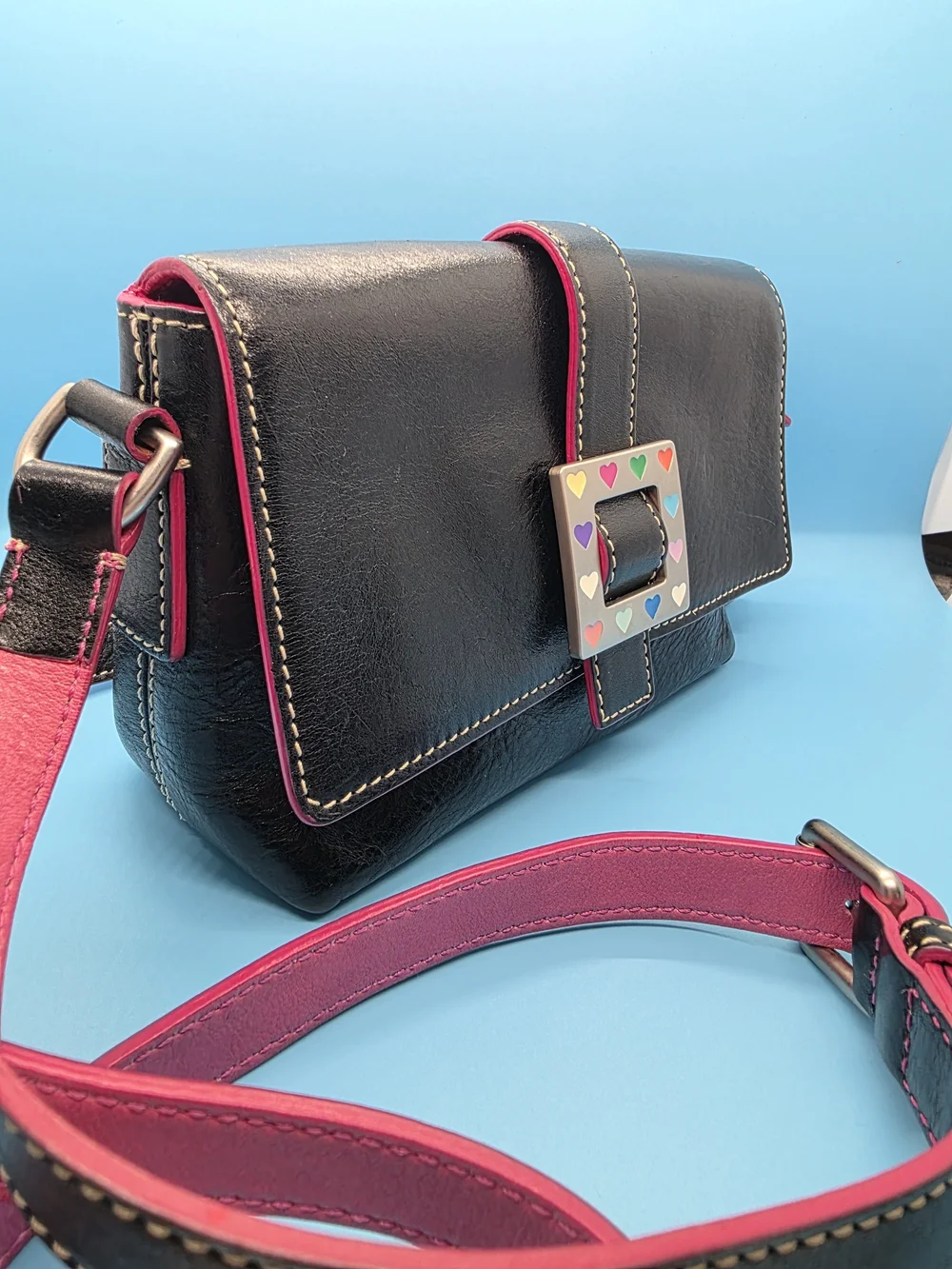 Black Leather Crossbody Bag with Pink Strap and Heart Buckle